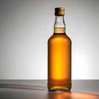 Elegant whiskey bottle with golden amber liquid illuminated under soft light on minimalist neutral background photo