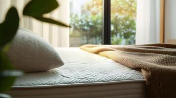 Soft sunlight filtering through window, highlighting pristine bed with textured blanket, casting warm glow across cozy bedroom interior photo