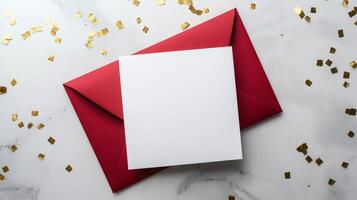 Red envelope containing blank white card resting on marble background with gold confetti, creating festive atmosphere photo