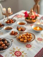 elegant Iftar table with dates, honey, and traditional dishes photo