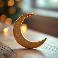 close-up of a golden crescent moon decoration on a wooden surface with soft bokeh photo