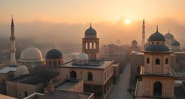 panoramic view of an ancient Islamic city at dawn with misty rooftops glowing in golden light photo