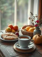 peaceful Suhoor setting with warm bread, fresh fruits, and a steaming cup of tea on a rustic wooden table photo