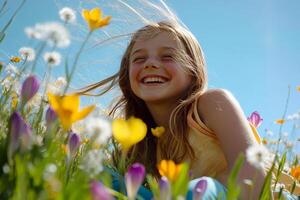 Joyful caucasian young girl in flower field with bright sunlight photo