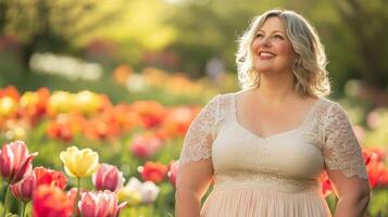 Happy caucasian mature female enjoying tulip garden in spring sunshine photo