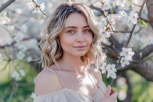 Young caucasian female among spring blossoms in nature photo