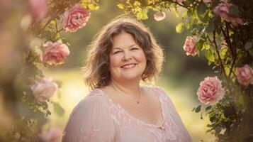 Smiling caucasian mature female surrounded by pink roses in garden setting photo