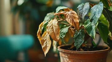 Close-up of wilting leaves on a potted plant in soft lighting photo