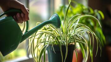 Hand watering spider plant indoors with green watering can photo