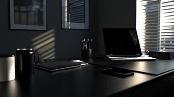 Modern minimalist office desk with laptop and coffee in soft morning light photo