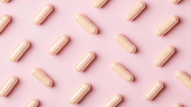 Beige capsules on pink background in repeating pattern photo