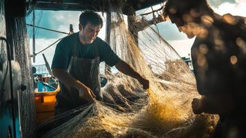 Caucasian male fishermen handling nets on boat at sunrise photo