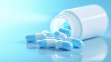 Close-up of white and blue capsules spilling from a container on light blue background photo
