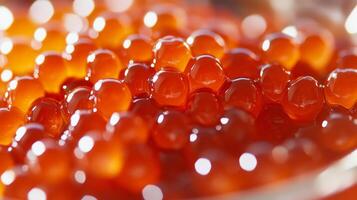 Close-up of vibrant orange salmon roe with glowing highlights photo