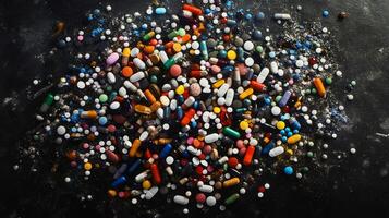 Colorful assortment of various pills and capsules on dark surface photo