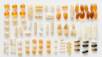 Assorted vitamin and supplement capsules and tablets on white background photo