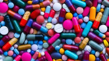 Colorful assortment of various pills and capsules on white surface photo