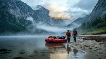 Adventure rafting in misty mountain landscape with two adults photo