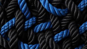 Close-up of entwined blue and black ropes showing texture and pattern photo