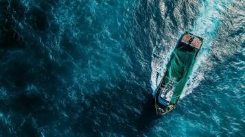 Aerial view of cargo ship at sea with vibrant ocean colors photo