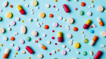 Colorful assortment of various pills and tablets on blue background photo
