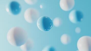 Blue and white floating spheres on light blue background photo