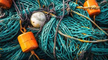 Colorful fishing nets with orange floats and ropes photo