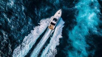 Luxurious white yacht cruising through turquoise ocean waters from aerial view photo