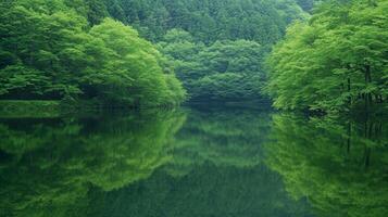 Serene green forest reflecting on calm lake photo