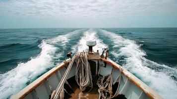 Open sea adventure boat cutting through ocean waves under cloudy sky photo