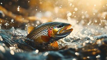 Energetic trout leaping in sparkling sunlit river photo