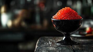 Luxurious red caviar in elegant black dish on rustic wooden table photo