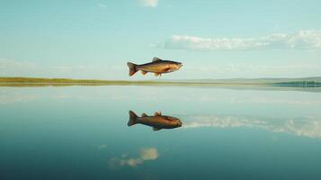 Fish leaping above tranquil lake with clear blue sky and reflection photo