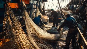 Fishermen harvesting abundant catch on trawler at sunrise photo