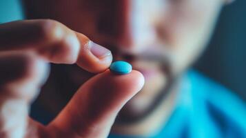 Male holding blue pill in focus with blurred background photo