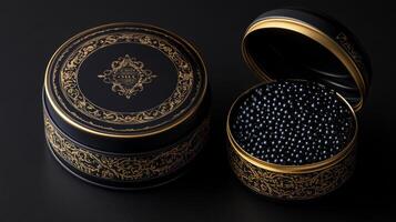 Ornate black and gold tin with open lid and black caviar on dark surface photo