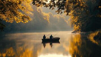 Serene autumn lake fishing with two adults in a boat surrounded by fall foliage photo