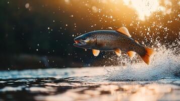 Dynamic jumping trout in sunset river scene photo