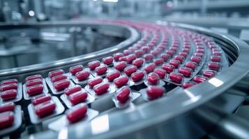 Red capsules on automated pharmaceutical production line in factory photo