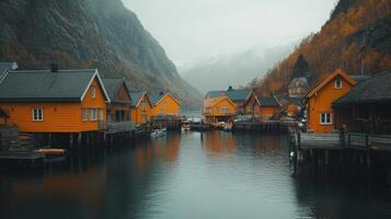 Scenic autumn view of floating yellow houses in norwegian fjord village photo