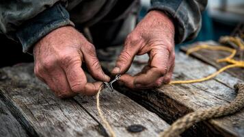 Hands of an elderly caucasian male fisherman working with rope on wooden dock photo