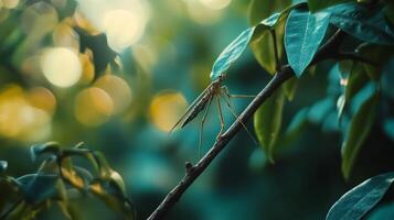 Close-up of crane fly resting on leaf in lush greenery with bokeh background photo