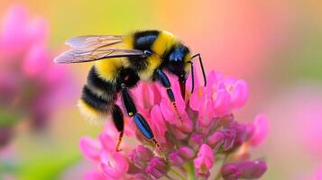 Close-up of bumblebee pollinating pink flowers in vibrant garden setting photo