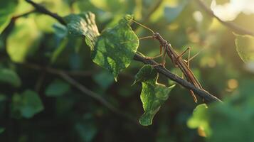 Brown stick insect camouflaged on sunlit green leaves in a natural setting photo