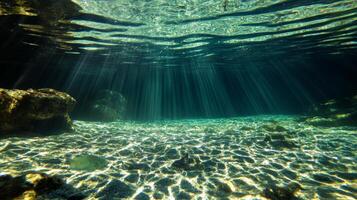 Sunlight filtering through clear water in a serene underwater ocean scene photo