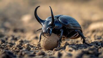 Close-up of a rhinoceros beetle rolling soil ball in natural habitat photo