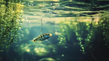 Underwater scene of fish near hook in sunlit aquatic habitat photo