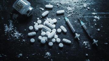 Various pills and syringes on dark surface highlighting substance abuse concerns photo