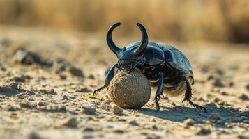 Dung beetle rolling ball on sandy terrain in natural habitat photo