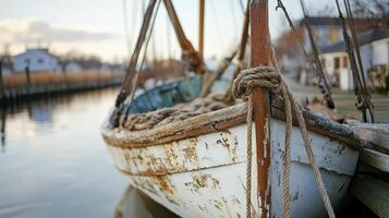 Weathered wooden boat docked by calm canal during tranquil sunset photo